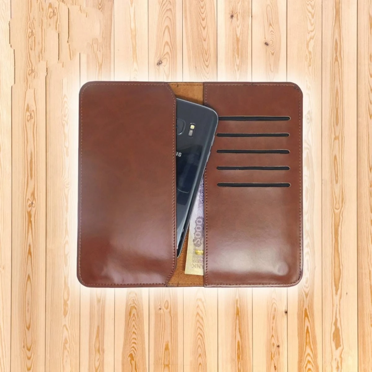 Artificial Leather Mobile Cover Cum Long Wallet With 4 Magnetic Button-Chocolate