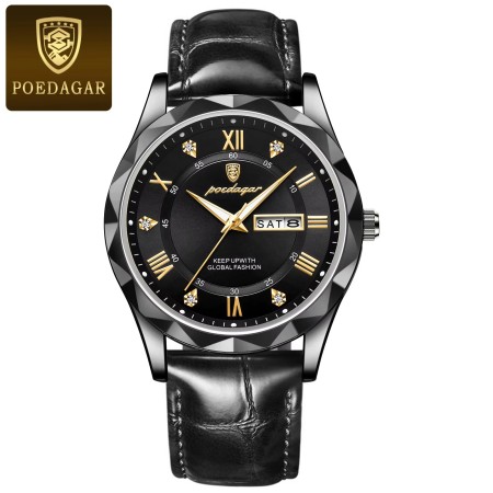 POEDAGAR Leather Quartz Clock Men’s Watches Full Black