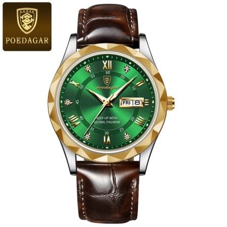 POEDAGAR Leather Quartz Clock Men’s Watches Green