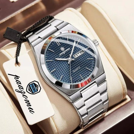 POEDAGAR Mens Quartz Watches S21 Luxury Wristwatch Silver Blue
