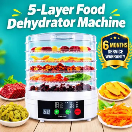 5-Layer Food Dehydrator Machine – Electric Fruit, Vegetable & Meat Dryer with Adjustable 35–70°C Temperature, 360° Hot Air Circulation, Transparent Trays & Stackable Design